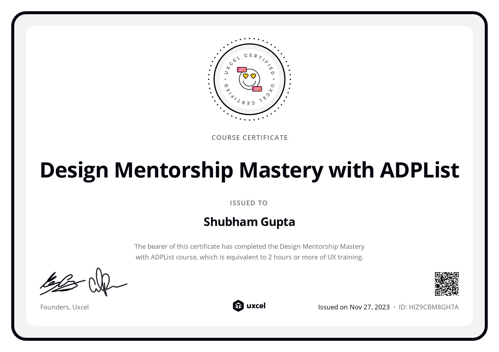 Shubham Gupta's certificate